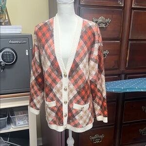 Talbots Red and Cream Plaid Cardigan Sweater